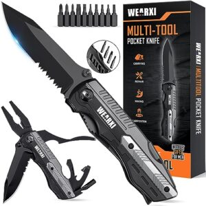 Vielseitiges WEARXI Multitool Taschenmesser mit ergonomischem Griff und mehreren Funktionen, ideal für Outdoor-Aktivitäten, Camping und Geschenkideen für Männer.