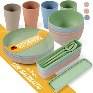 Umweltfreundliches Camping Geschirrset aus 100% recyceltem Material in bunten Farben, ideal für Outdoor-Aktivitäten und Familienausflüge.