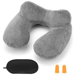 Aufblasbares Nackenkissen in U-Form mit weichem Bezug, einer Schlafmaske und Ohrstöpseln für entspanntes Reisen und Nickerchen unterwegs.