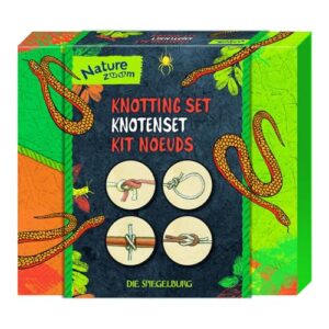 Verpackung des Knotensets von Die Spiegelburg mit farbenfrohem Design und Illustrationen von Knoten, geeignet für Kinder und Outdoor-Abenteuer.