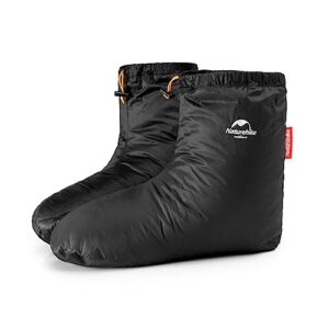 Schwarz gefärbte gepolsterte Outdoor Hausschuhe mit elastischem Saum und Kordelzug für optimale Passform, geeignet für kalte Umgebungen und Outdoor-Aktivitäten.