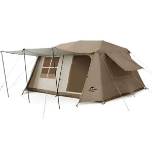 Geräumiges Naturehike Village 13.0 Familienzelt in beiger Farbgebung, ideal für Camping mit 4-6 Personen. Das Zelt bietet großen Schutz und Komfort durch atmungsaktive Mesh-Fenster und eine stabile Konstruktion.