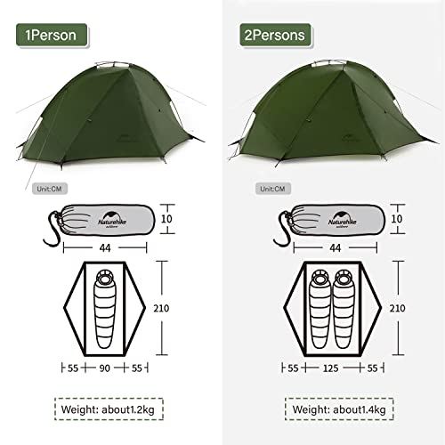 Grafische Darstellung der technischen Informationen zu Naturehike Tagar ultraleichtem Zelt für 1 und 2 Personen in olivgrün, mit Maßangaben und Gewicht für jedes Zelt.