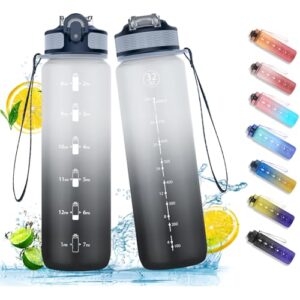 Transparente 1-Liter Trinkflasche mit Strohhalm, auslaufsicher und mit Zeitmarkierungen für gezielte Hydration, umgeben von frischen Zitrusfrüchten und spritzendem Wasser.