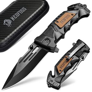 NedFoss DA75 Profi Rettungsmesser mit Gurtschneider und Glasbrecher in geöffnetem Zustand, ergonomischer Griff und Gürtelclip im Fokus.