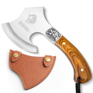 NedFoss WARTHOG Camping Axt, kompakte 22cm Mini Axt mit ergonomischem Holzgriff und Lederscheide, ideal für Outdoor-Aktivitäten und Survival.