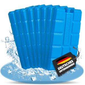Set von blauen Kühlakkus in verschiedenen Größen, ideal für Kühlboxen und Kühltaschen, mit vertikalen und horizontalen Rillen zur optimalen Kühlung.