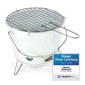Nexos Eimergrill in weißer Farbe, tragbarer Minigrill für Picknicks und Grillpartys, mit verchromtem Grillrost und stabilen Beinen.