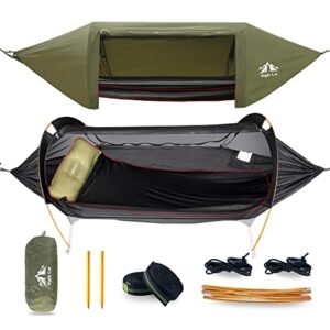 Night Cat Hängematte Zelt mit Moskitonetz, wasserdicht, für Camping und Wandern, präsentiert in Schwarz und Grün mit orangen Akzenten und stabilen Aluminiumpolen
