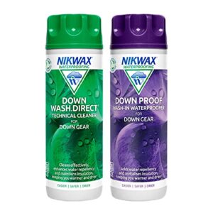 Zwei Flaschen Nikwax Daunenwäsche im Doppelpack, eine Flasche für Daunenreiniger und eine Flasche für daunendichte Imprägnierung, zur Pflege von Daunenkleidung und Schlafsäcken.