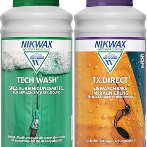 Nikwax Doppelpack mit Tech Wash und TX.Direct Wash-In, besteht aus zwei Flaschen zur Pflege und Imprägnierung von Outdoor-Bekleidung.