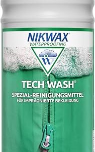 Flasche des Nikwax Tech Wash, 1l, für die Pflege von Membranbekleidung und zur Verbesserung der Atmungsaktivität.