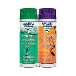 Zwei Flaschen Nikwax Tech Wash und TX Direct, 300 ml im 2er Pack, ideal für die Reinigung und Pflege von Outdoor-Bekleidung.
