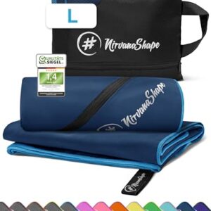NirvanaShape Mikrofaser Handtuch in großer Größe 140 x 70 cm, ideal als Badetuch, Reisehandtuch oder Sporthandtuch für Fitness und Strand, präsentiert mit Reißverschluss-Ecktasche