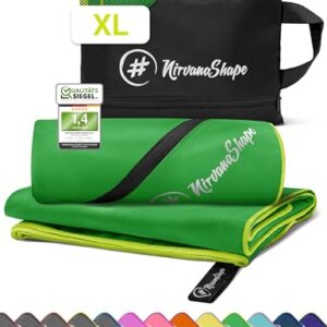 NirvanaShape Mikrofaser Handtuch in leuchtendem Grün, geeignet als Badetuch, Reisehandtuch oder Sporthandtuch, mit Reißverschluss-Ecktasche und hoher Saugfähigkeit, ideal für Fitness und Outdoor-Aktivitäten.