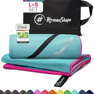 NirvanaShape Mikrofaser Handtuch Set in Blau mit Ecktasche, ideal für Reisen, Fitness und Strand, 140 x 70 cm und 60 x 40 cm.