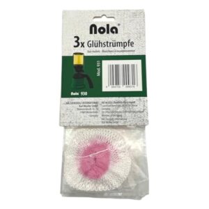 NOLA 3X Glühstrümpfe für Campinglampen in transparenter Verpackung, die drei hochwertige Glühstrümpfe zeigt, geeignet für Gas- und Petroleumlampen.