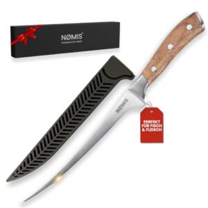 Hochwertiges NØMIS Premium Filetiermesser mit 18,5 cm langer Klinge aus deutschem Edelstahl und ergonomischem Zebraholzgriff, ideal zum Filetieren von Fisch und Fleisch.