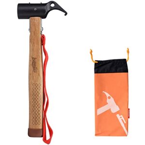 Multifunktionaler Camping Hammer aus Kohlenstoffstahl mit ergonomischem Holzgriff und Halteband, ideal für Zelthemmung und Outdoor-Aktivitäten.
