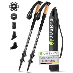 Zwei leichte Teleskop-Wanderstöcke aus Aluminium mit ergonomischen Korkgriffen und austauschbaren Gummipuffern, ideal für Nordic Walking und Outdoor-Aktivitäten.