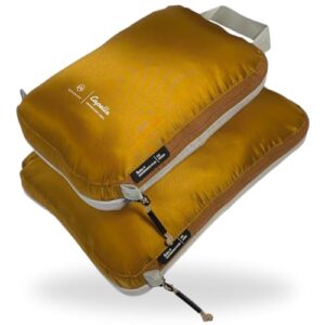 NORDKAMM® Profi-Packtaschen mit Kompression in Chai Tea Yellow, ultraleichtes Koffer-Organizer Set aus wasserdichtem ROBIC Performance Nylon, ideal für Reisen und optimale Organisation
