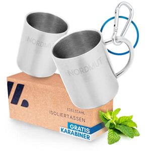 Set von zwei doppelwandig isolierten Edelstahl Thermobechern für Camping und Outdoor, ideal für heiße und kalte Getränke, mit elegantem Design und stabilem Henkel.