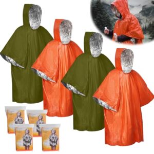 Vier Stück Notfall-Survival-Ponchos in orange und olivgrün, ideal für Outdoor-Aktivitäten, mit reflektierender Innenseite für Wärmeisolation und Sichtbarkeit.