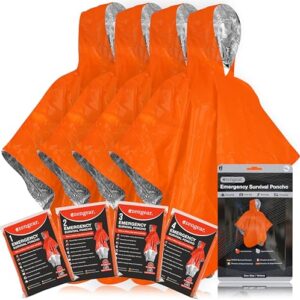 Set von fünf orangefarbenen Notfall-Survival-Ponchos mit Kapuze, wasserdicht und winddicht, geeignet für Outdoor-Aktivitäten und Notfälle.