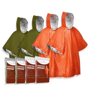Ember Rock Notfall Survival Poncho im 4er-Pack, wendbar und mit Thermo Mylar Folienbeschichtung für Wärmehaltung und Regenschutz in orange und olivgrün.