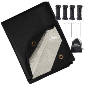Multifunktionale Notfalldecke mit reflektierender Oberfläche und Zubehör für Camping und Outdoor-Abenteuer, zusammengefaltet auf einem Untergrund.