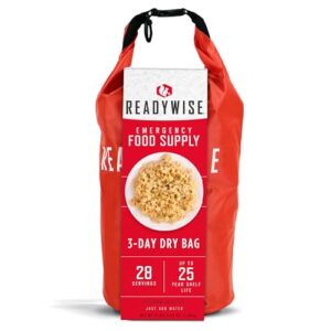 Verpackung eines Notfall-Lebensmittelvorrats mit 28 Portionen für Frühstück, Mittag- und Abendessen, 25 Jahre Haltbarkeit, ideal für Notfälle und Outdoor-Aktivitäten.
