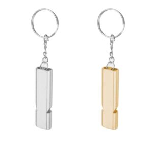 Set aus zwei Metall Notfallpfeifen auf einem Schlüsselring, ideal für Outdoor-Aktivitäten wie Wandern und Camping.