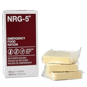 Verpackung der NRG-5 Emergency Food Ration mit 2300 kcal für Notfälle und Outdoor-Aktivitäten, laktosefrei, vegan und lange haltbar.