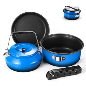 Odoland 5-teiliges Camping Geschirr Set in Blau, bestehend aus einem Wasserkessel, einem Kochtopf und Zubehör, ideal für Outdoor-Aktivitäten wie Camping und Wandern.