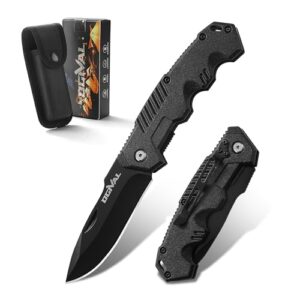 Hochwertiges Ogival Klappmesser mit schwarz lackierter Klinge und Aluminiumgriff, ideal für Outdoor-Aktivitäten und den Alltag. Das Messer wird zusammen mit einer Nylonscheide gezeigt.