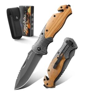 Ogival Klappmesser mit Holzgriff und schwarzer Klinge, ideal für Camping und Wandern, im zusammengefalteten Zustand mit Nylonscheide und Taschenclip.