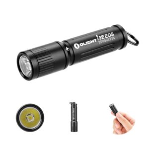 Kompakte OLIGHT I3E EOS Mini LED Taschenlampe in mattschwarzem Aluminium, ideal für Schlüsselanhänger, bietet 90 Lumen Helligkeit und eine Reichweite von 44 Metern, wasserdicht nach IPX8.
