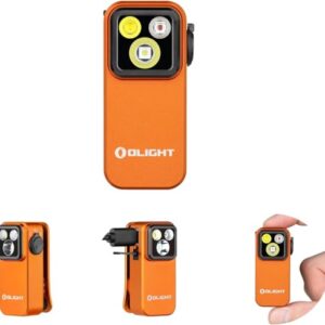 Kompakte OLIGHT Oclip Pro Mini LED Taschenlampe in Orange mit verschiedenen Lichtmodi, USB-C Aufladung und IPX6 Wasserdichtigkeit, ideal für Outdoor-Aktivitäten und Notfälle.