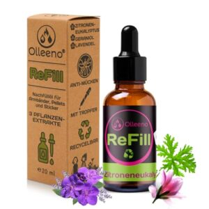 OLLEENO Nachfüll-Öl 20ml mit Lavendel, Geraniol und Zitronen-Eukalyptus in einer braunen Glasflasche, umgeben von Pflanzen, ideal für umweltfreundlichen Mückenschutz.