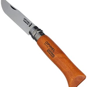 Opinel 113080 Carbon Messer N° 08 mit braunem Hartholzgriff und 8 cm Klinge, ideal für Outdoor-Aktivitäten und Haushalt.