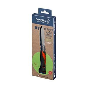 Opinel Kindermesser N° 07 Outdoor Junior für Kinder in khakifarbener Verpackung, ideal für Outdoor-Aktivitäten und sichere Handhabung.