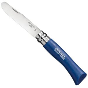 Praktisches Opinel Messer in Blau mit Holzgriff, ideal für Camping und Küche, 10 cm Klingenlänge, ergonomisches Design, hochwertiges Buchenholz