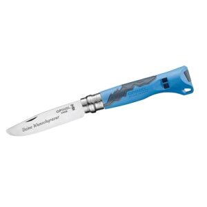 Opinel Outdoor Junior Kindermesser mit blauen Kunststoffgriff, rostfreier Edelstahlklinge und abgerundeter Spitze, ideal für Kinder und personalisierbar.