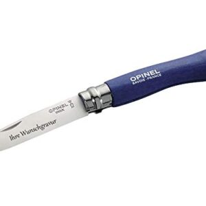 OPINEL Kindermesser aus Buchenholz in Blau mit individueller Namensgravur, ideal für Kinder und kreative Aktivitäten im Freien.