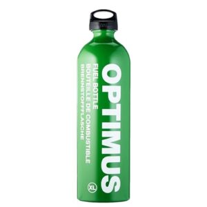 Grüne Optimus Brennstoffflasche XL mit 1,5 Litern Fassungsvermögen, ideal für Outdoor-Aktivitäten und Camping.