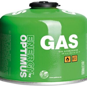 Optimus Gas 230g Gaskartusche in leuchtendem Grün, geeignet für Camping und Outdoor-Kochen, mit sicherem Standard-Ventil.