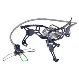 Kompakter Optimus Gaskocher Vega für Outdoor-Aktivitäten mit robustem Design, drei Standbeinen und Gasschlauchanschluss, geeignet für Camping und Wandern.