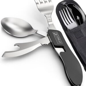 Kompaktes und vielseitiges 4-in-1 Campingbesteck Set mit Klappmechanismus, bestehend aus Messer, Gabel, Löffel und einer tragbaren Tasche, ideal für Outdoor-Aktivitäten wie Camping und Wandern.