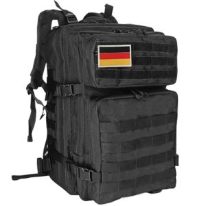 Schwarzer Militär-Rucksack mit 45 Litern Volumen, Molle-System und gepolsterten Gurten, ideal für Outdoor-Aktivitäten wie Wandern, Trekking und Camping.