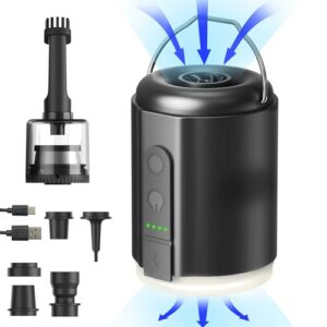 Kompakte Origem elektrische Luftpumpe für Luftmatratzen mit wiederaufladbarem Akku und integrierter Campinglampe, ideal für Outdoor-Aktivitäten.